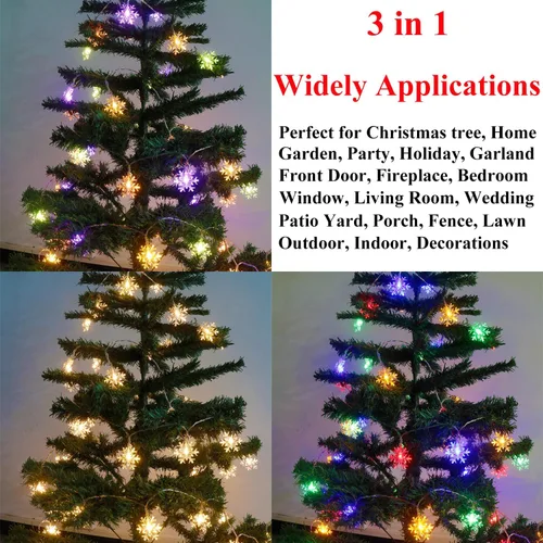 Vista 5 de Luces de Navidad con diseño de copos de nieve, 30 pies, 60 luces LED de Navidad, funciona con pilas, con control remoto para árbol de Navidad