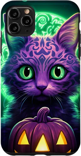 Vista 13 de iPhone 16 Cat Halloween Costume Glowing Pumpkin Purple & Light Green Case