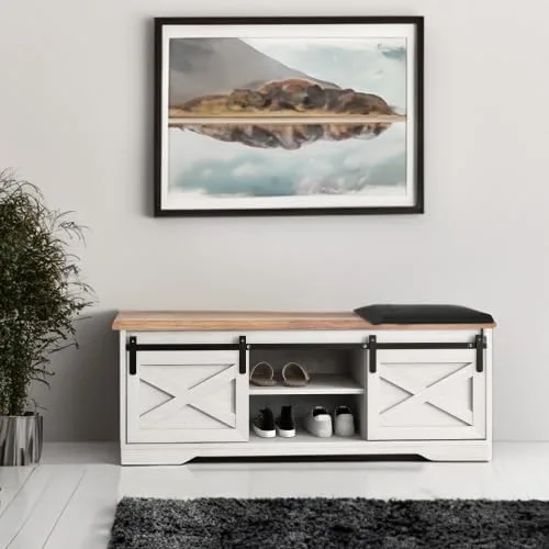 Vista 3 de Banco de almacenamiento de zapatos con moderna puerta corredera y de granero y un cojín grueso para entrada, sala de estar o pasillo en blanco