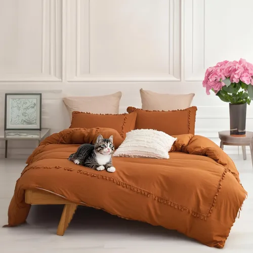 SOUKECHY Ropa de cama bohemia naranja terracota, funda de edredón con flecos y borlas de tamaño individual, ropa de cama bohemia chic color sólido,