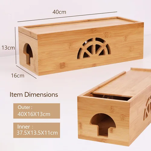 Vista 8 de Caja de organización de cables extra grande con tapa, caja de cables de bambú para cables, regletas de alimentación o protectores de sobretensión