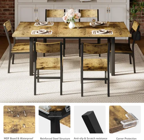 Vista 20 de iPormis Juego de mesa de comedor de 7 piezas con 6 sillas, mesa de cocina extensible de 63 pulgadas y sillas para 4-6, mesa de comedor con marco