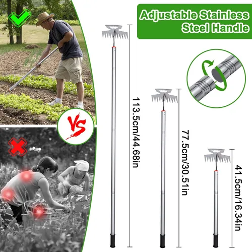 Vista 4 de Nueva herramienta de deshierbe ajustable para arrancar raíces con mango largo, rastrillo extractor de malezas de 11 dientes, 2 en 1, herramientas