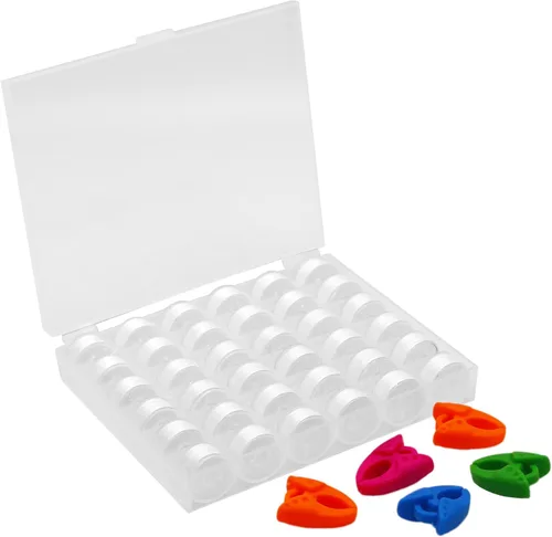 Vista 9 de YEQIN 36 piezas (18 blanco + 18 negro) preenrolladas para hilo de bobina y abrazaderas de bobina, tamaño A clase 15 SA156 compatible con Babylock