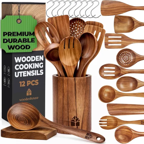 Vista 12 de Cucharas de madera para cocinar, juego de utensilios de madera de teca de primera calidad con ganchos, duradero, antiadherente, fácil de limpiar