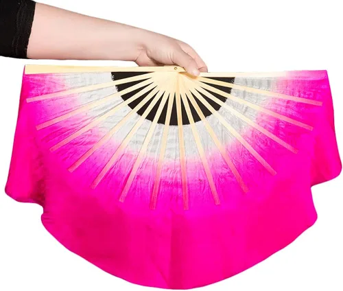 Nimiman Women Real Silk 1 Pair 40cm(15.7") Colorful Belly Dancing Silk Bamboo Veils Dance Short Fan Veil Gradient Color