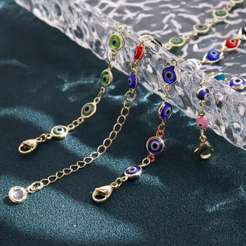 Vista 6 de Pulsera contra el mal de ojo, chapado en oro de 14 quilates, con cadena de ojo turco azul, para mujeres y niñas