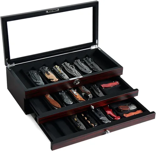 Vista 8 de Estuche de exhibición de cuchillos de dos niveles, caja de almacenamiento para cuchillos de bolsillo de 15 a 17 cuchillos de bolsillo, estuche