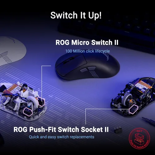 Vista 4 de ASUS ROG Keris II Origin ratón inalámbrico para juegos – Ergonómico para mano derecha, 65g, Conectividad Tri-Modo, 42K DPI, hasta 127Hr de batería