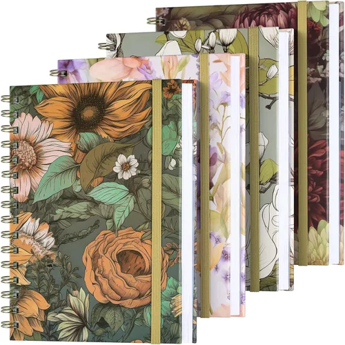 OMEYA Cuaderno de espiral, paquete de 4 cuadernos rayados A5 para mujer, diario en espiral de tapa dura con 2 bolsillos, cuadernos con rayas