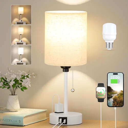 Vista 17 de Lámparas de noche pequeñas, 3 modos de color, blanco roto 3000K 4000K 5000K Lámparas de dormitorio con puertos USB C y A, lámparas de mesa de cadena