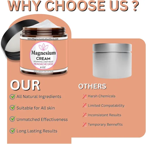 Vista 5 de Crema de magnesio para dolor de cabeza, migrañas, dolor muscular, alivio de calambres con manteca de karité, aceite de coco, aloe, vitamina E, crema