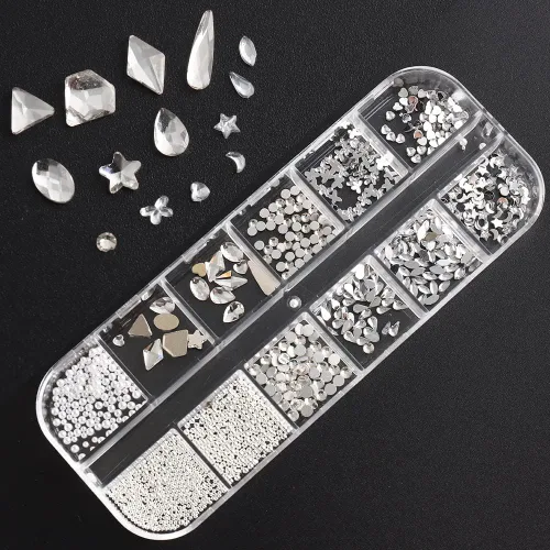 Vista 2 de Diamantes de imitación de cristal blanco para uñas, parte trasera plana, gemas de luna, estrella, corazón, perlas para decoración de uñas, múltiples