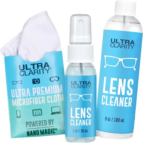 Limpiador de lentes, botella de 1 onzas con spray y botella de recarga de 6 onzas, spray para lentes bio degradable, kit profesional de limpieza