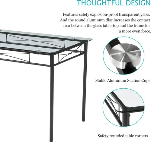 Vista 3 de VECELO Juego de mesa de comedor para 4, mesa de cocina de vidrio de 5 piezas con sillas acolchadas tapizadas para espacios pequeños, rincón de Negro