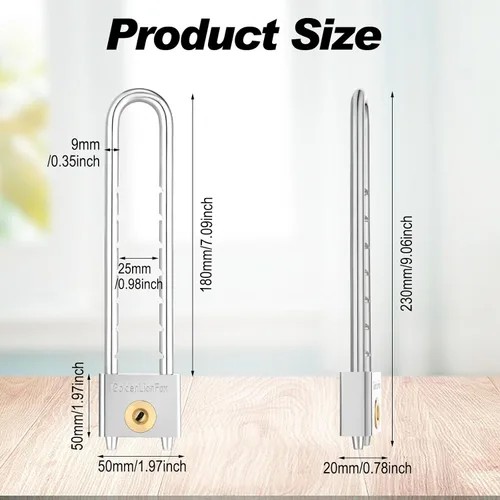 Vista 2 de Candado de grillete largo con llave de latón macizo de 2 pulgadas de longitud ajustable extraíble, grillete plateado para puertas, armarios, cajas