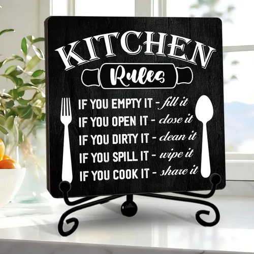 Vista 17 de Placa de madera rústica con soporte, decoración de cocina, letrero de madera con reglas de cocina, idea de decoración de madera para el hogar, sala