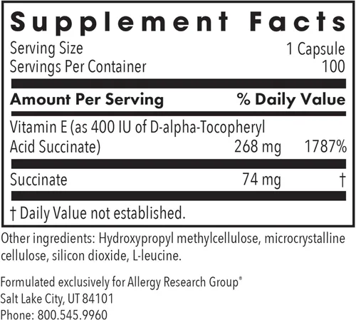 Vista 3 de Allergy Research Group Succinato de Vitamina E 400 Iu 100 Cápsulas Vegetales