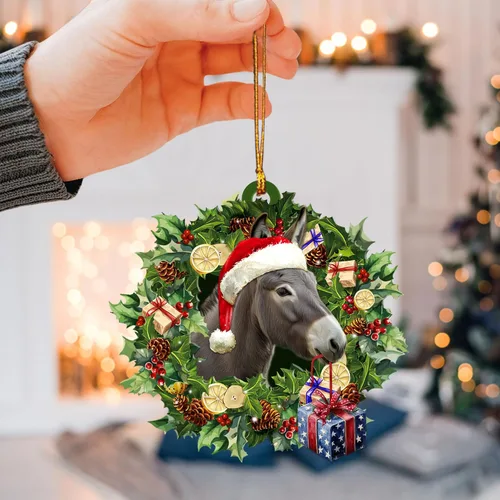 Vista 3 de Talataca Burro con sombrero de Navidad con corona de burro 2D plano para espejo retrovisor de automóvil, accesorios para el árbol de Navidad, adorno