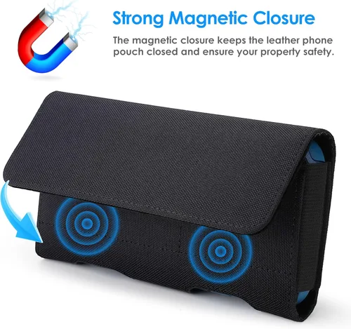 Vista 5 de Mopaclle Funda Horizontal de Nylon para Teléfono Celular para Hombres con Cinturón, Soporte Magnético para Teléfono Celular con Clip de Metal