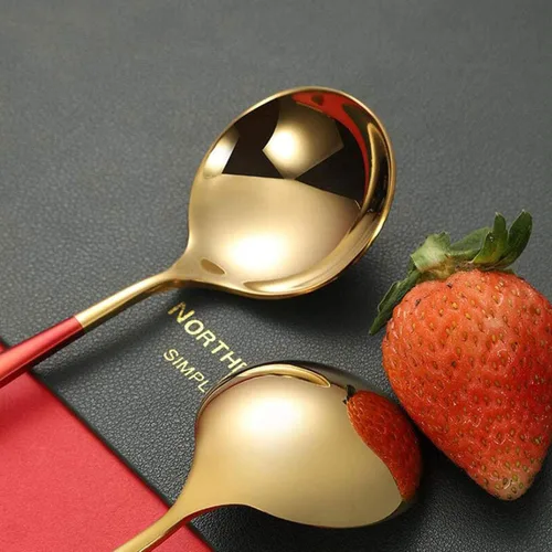 Vista 2 de Cucharas de sopa de metal, cucharas de acero inoxidable para sopa, redondas, coloridas, cucharas gruesas y de mango corto, cuchara de mesa de 6.3