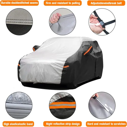 Vista 3 de Funda impermeable para auto al aire libre, para todo tipo de climas, 6 capas de cubierta completa, protección contra lluvia, sol y rayos UV