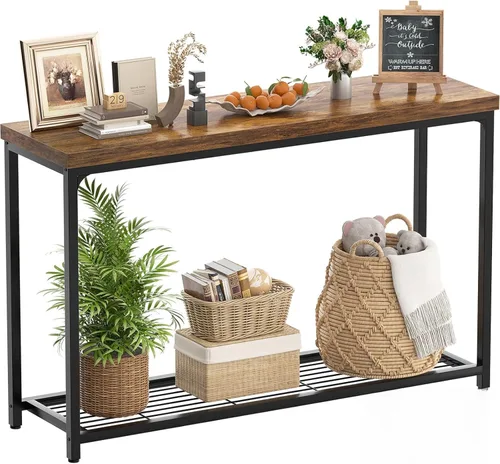 Vista 11 de Mesa consola pequeña de 32 pulgadas, mesa de entrada de 3 niveles, mesa de sofá con estantes de malla, mesas de consola para sala de estar