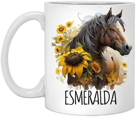 Horse Sunflower Personalized Coffee Mug, Custom Watercolor Mug with Name, Gift for Her, Birthday Gift Name Esmeralda 11oz White Mug Name Mug for Who