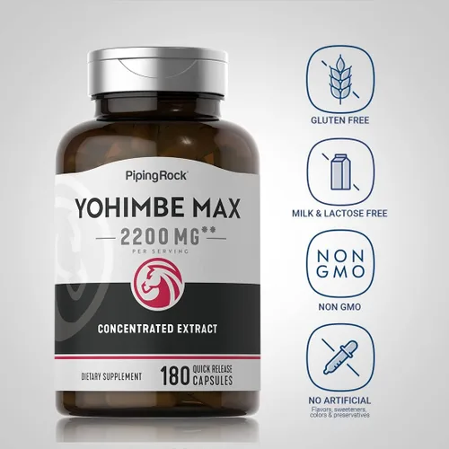 Vista 3 de Piping Rock Yohimbe Suplementos para hombres 180 cápsulas Extracto máximo concentrado con Pausinystalia Yohimbe Suplemento sin OMG, sin