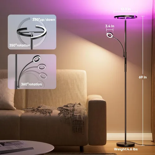 Vista 2 de SIBRILLE Lámpara de Pie RGBCW Mejorada con Lámpara de Lectura, Lámpara de Pie LED con Control Remoto Giratorio Regulable, Luz de Pie Moderna