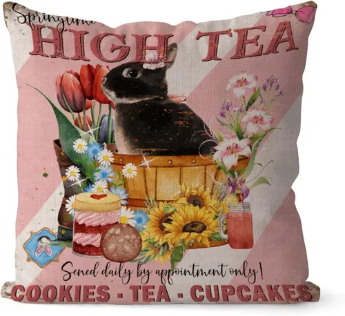 Vista 6 de Fundas de almohada vintage de conejo de Pascua, flores de primavera, huevos de Pascua, Navidad, 16 x 16 pulgadas, funda de almohada de lino