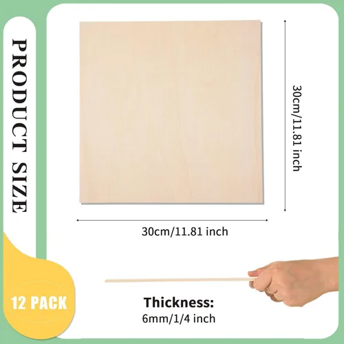 Vista 2 de Paquete de 12 hojas de madera de tilo de 12 x 12 x 1/4 pulgadas-6mm de grosor para manualidades, tableros de madera contrachapada sin terminar