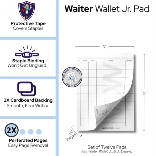 Vista 4 de Waiter Wallet Jr. Pads Paquete de 12 blocs de notas de invitados Bloc de notas perforado y grapado de doble cara para servidor de restaurante