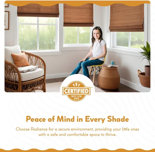 Vista 4 de Persianas romanas de bambú sin cordones Radiance para ventanas, persianas de bambú de listones planos para control de luz semiprivado, persianas