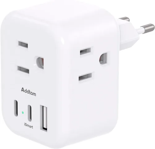 Addtam - Adaptador de enchufe de viaje europeo, adaptador de corriente internacional con 3 tomas, 3 puertos de carga USB (2 USB C), adaptador tipo