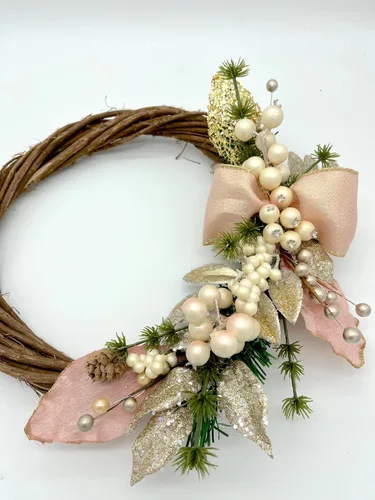 Vista 2 de Rose and Champagne Gold Christmas Holiday Wreath with Eucalyptus leaves, Branches and Gold Glitter Branches & Leaves on Pine Needle Wreath Base