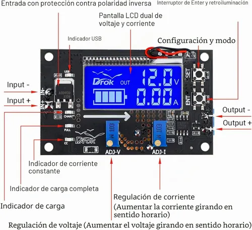 Vista 3 de DROK Regulador de voltaje Buck Boost, DROK DC 6-30V a DC 0.5-30V Convertidor de voltaje ajustable de 5V 12V 24V, módulo transformador de 4A 60W