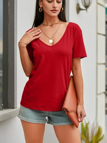 Vista 4 de Camisetas de manga corta con cuello en V profundo para mujer, ajuste holgado, básica, a la moda