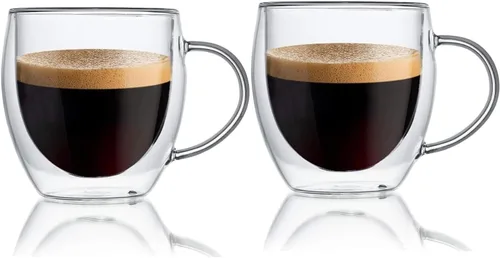 Vista 7 de Juego de 2 tazas de café de vidrio de doble pared con asa, tazas de café de capa aislada, tazas de vidrio borosilicato transparente, perfectas