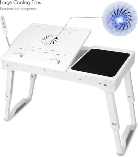 Vista 5 de iMountek Mesa multifuncional para computadora portátil, portátil, mesa de cama, ventilador de refrigeración, luz LED, 4 puertos USB, alfombrilla