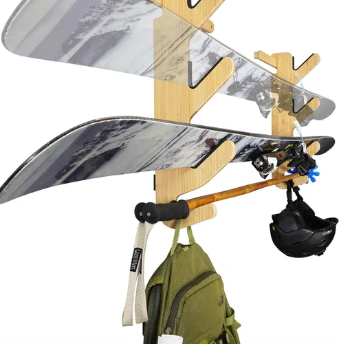 Vista 4 de Grassracks Estante de esquí de bambú - The Hallsteiner Series - Soporte de pared para esquí interior (2 o 3 pares de esquís, bambú)