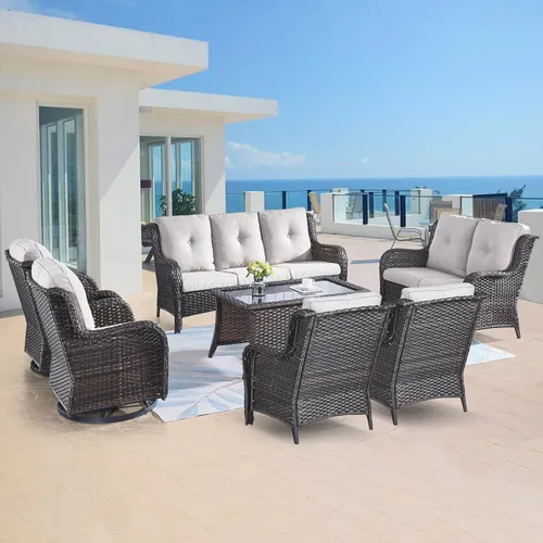 Vista 23 de Belord Mesa auxiliar pequeña para exteriores, mesa de mimbre de vidrio templado, mesa de centro impermeable para patio, mesa auxiliar de ratán