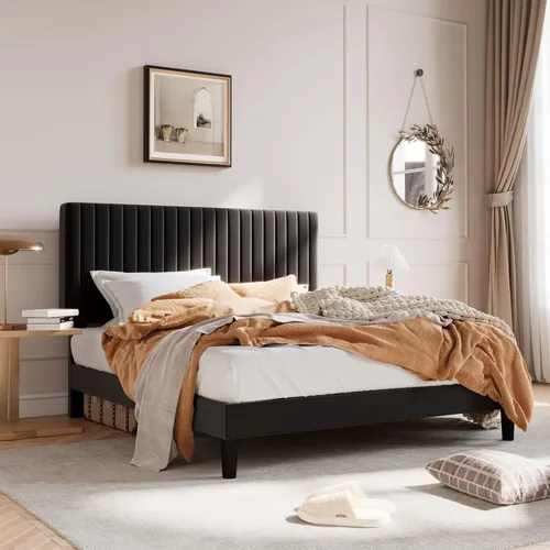 Vista 3 de SHA CERLIN Base de cama de plataforma tapizada completa con cabecera ajustable, tela de terciopelo capitoné de canal vertical, soporte de listones