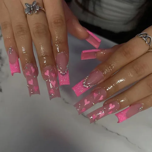BABALAL Uñas postizas largas a presión tipo ataúd, color rosa, francesas, con pegamento en diamantes de imitación brillantes, uñas acrílicas con
