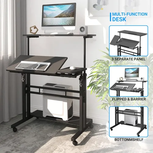 Vista 7 de Escritorio móvil de pie, escritorio ajustable para computadora con 3 escritorios, mesa portátil para laptop con soporte para tazas, estación de Negro