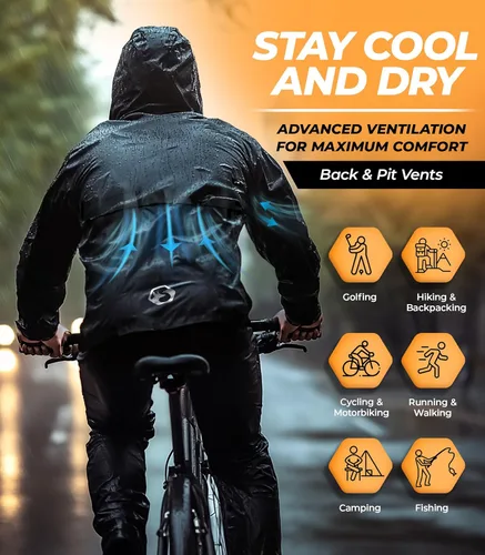 Vista 6 de Foxelli Traje de lluvia impermeable – Ropa impermeable duradera transpirable ligera para hombres y mujeres, perfecto para motocicleta, golf, pesca