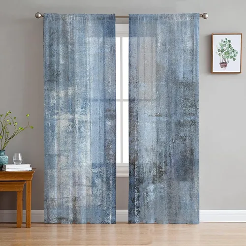 Cortinas traslúcidas azules abstractas de 84 pulgadas de largo, juego de 2 paneles y cortinas semicortinas grises con bolsillo para barra de cocina,