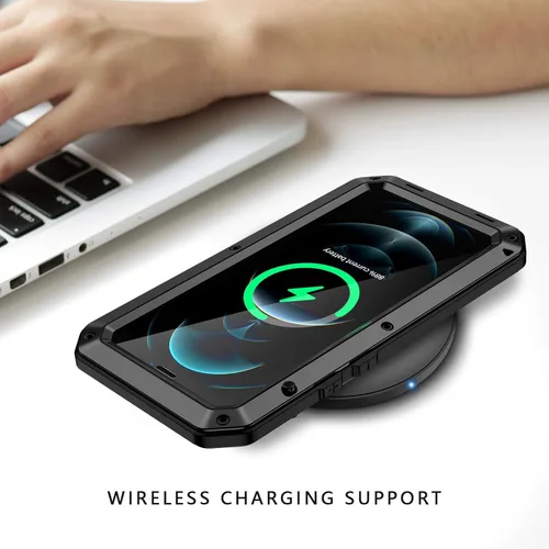 Vista 7 de Lanhiem Funda de metal para iPhone 12 Pro Max, resistente a los golpes, con protector de pantalla de vidrio integrado, cubierta protectora de cuerpo