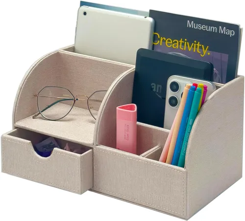 UnionBasic Organizador de escritorio - Caja de almacenamiento multifuncional de cuero para escritorio con soporte para bolígrafos - Para tarjetas