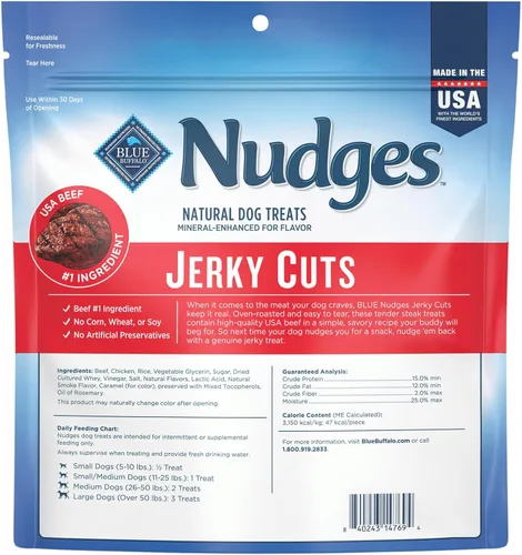 Vista 2 de Blue Buffalo Nudges Jerky Cuts - Golosinas para perros, hechas en los Estados Unidos con ingredientes naturales, bistec, bolsa de 16 onzas
